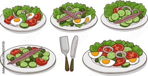 French cartoon salad Nicoise on plate outline. Hand Drawn gourmet snack with anchovies and eggs, tomato and cucumber slices, lettuce. Cuisine of France mascot, traditional salad vector illustration