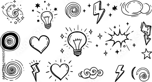 Comic speech effect icons, manga doodle elements set. Funny retro anime movement, exclamation and question, emphasis expressions. Surprise emotion of character in comic book style vector illustration