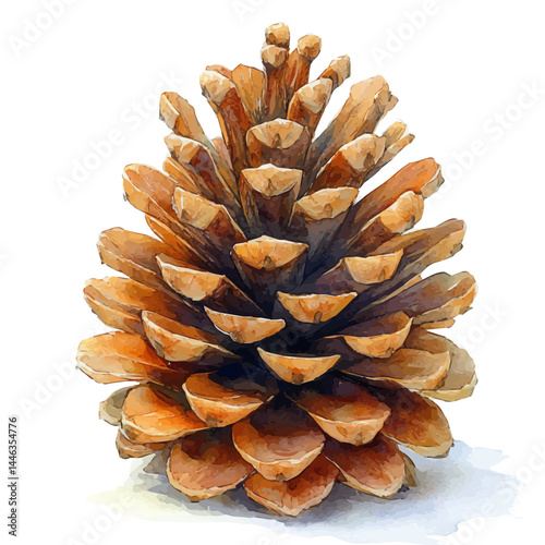 Winter Pine Cone Decoration, vector watercolor illustration, isolated on a white background.