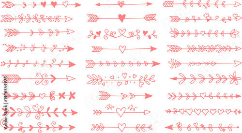 Cupids arrows white chalk line icons set on black chalkboard. Outline hand drawn vintage arrows with ornaments, fancy decor and hearts. Love, invitation mascot, dividers icons vector illustration