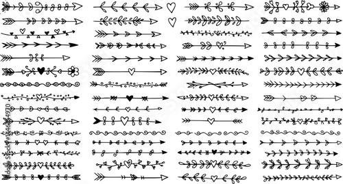 Cupids arrows white chalk line icons set on black chalkboard. Outline hand drawn vintage arrows with ornaments, fancy decor and hearts. Love, invitation mascot, dividers icons vector illustration