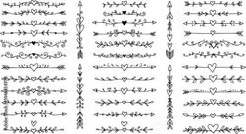 Cupids arrows white chalk line icons set on black chalkboard. Outline hand drawn vintage arrows with ornaments, fancy decor and hearts. Love, invitation mascot, dividers icons vector illustration