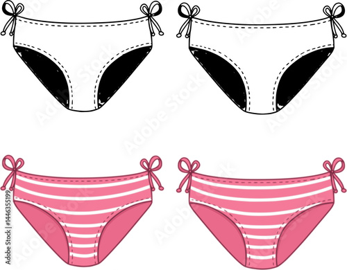 Pink cartoon bikini panties with stripes and ties. Funny fashion swimsuit of girl, female thong model for beach party. Summer vacation, holidays mascot, set cartoon cute bikini vector illustration