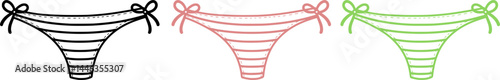 Pink cartoon bikini panties with stripes and ties. Funny fashion swimsuit of girl, female thong model for beach party. Summer vacation, holidays mascot, set cartoon cute bikini vector illustration