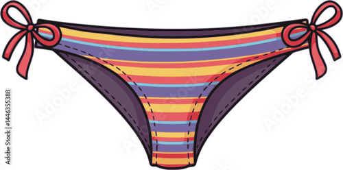 Pink cartoon bikini panties with stripes and ties. Funny fashion swimsuit of girl, female thong model for beach party. Summer vacation, holidays mascot, set cartoon cute bikini vector illustration