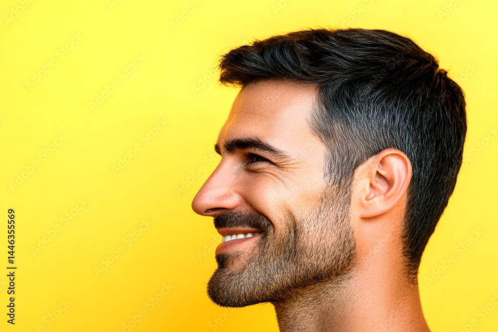 Elegant men's classic short back and sides haircut - midlife white man with black hair. Yellow solid background. Conceptual art of style for aging men. A stylish male making a statement. Elegant men's classic short back and sides haircut - midlife white man with black hair. Yellow solid background. Conceptual art of style for aging men. A stylish male making a statement.