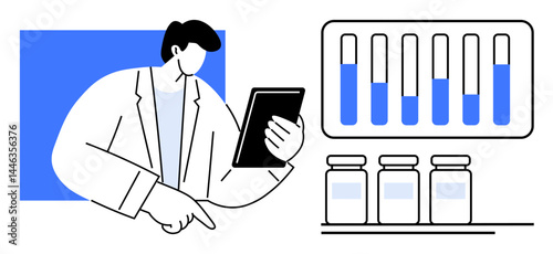 Scientist analyzing data on tablet, test tubes with blue liquid, and sample jars. Ideal for science, research, innovation, medical studies, pharmaceutical work, data analysis simple landing page