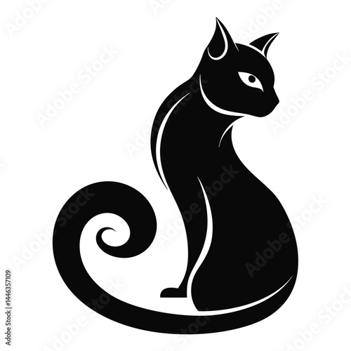 Wallpaper Mural Elegant Black Cat Sitting Silhouette, Graceful Swirl Tail, Stylish Feline Design, Feline Art Torontodigital.ca
