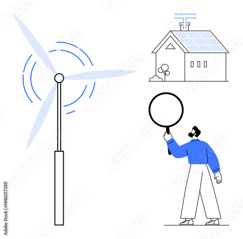 Wind turbine, solar-powered house, person analyzing with magnifying glass. Ideal for sustainability, renewable energy, green technology, clean energy, research, innovation simple landing page