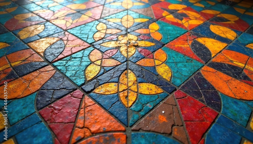 Obraz premium Intricate tile floor mosaic, geometric shapes, repeating, abstract