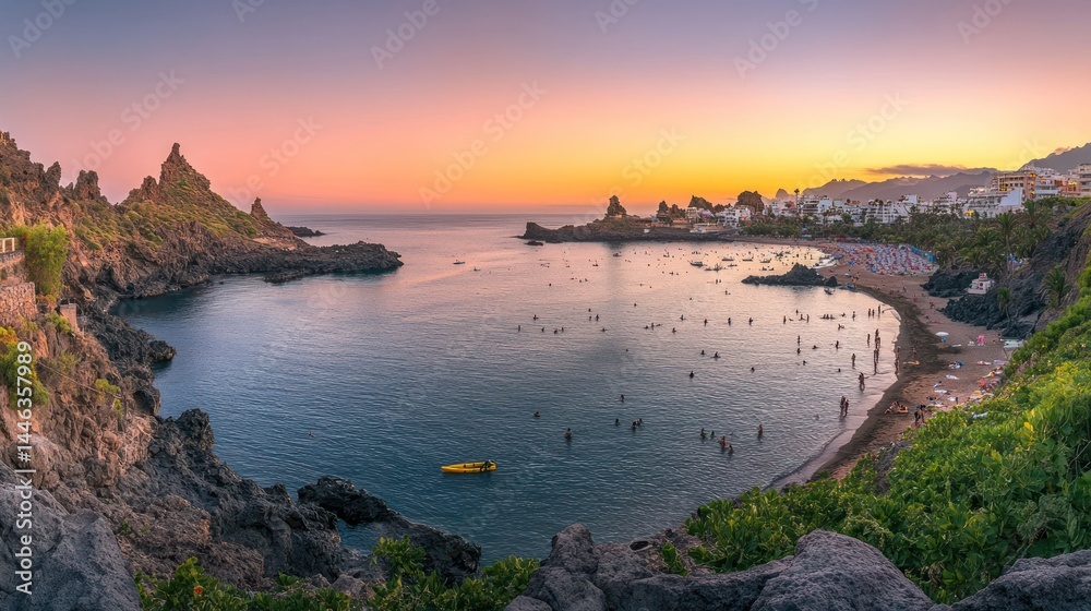 Coastal sunset panorama, calm bay, rocky shore, people enjoying beach Coastal sunset panorama, calm bay, rocky shore, people enjoying beach