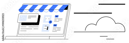 Laptop screen with a striped store awning, product details, and icons, evoking an online shop and digital cloud connection. Ideal for e-commerce, business, technology, retail, innovation online
