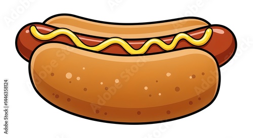 Colorful cartoon hot dog with mustard, playful bold vector clipart.
