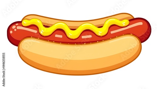Colorful cartoon hot dog with mustard, playful bold vector clipart.