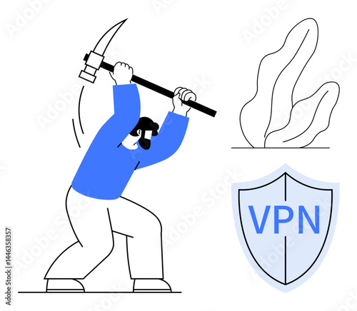 Individual wielding pickaxe symbolizing online mining and data security next to VPN shield. Ideal for cybersecurity, privacy, online protection, digital tools, data mining, safe browsing, simple