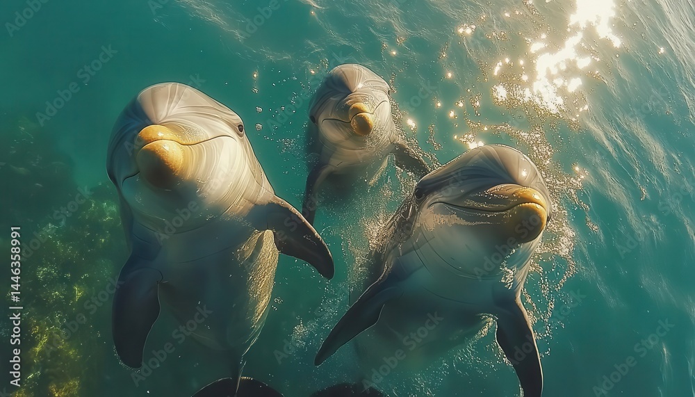 Fototapeta premium A photograph of a dolphin pod under the ocean surface, Marine Life, Social and lively