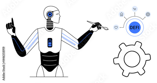Robot with mechanical details holding a stylus, gears, and Defi diagram, symbolizing creativity, technology, innovation, and blockchain finance. Ideal for AI, fintech mechanical design digital
