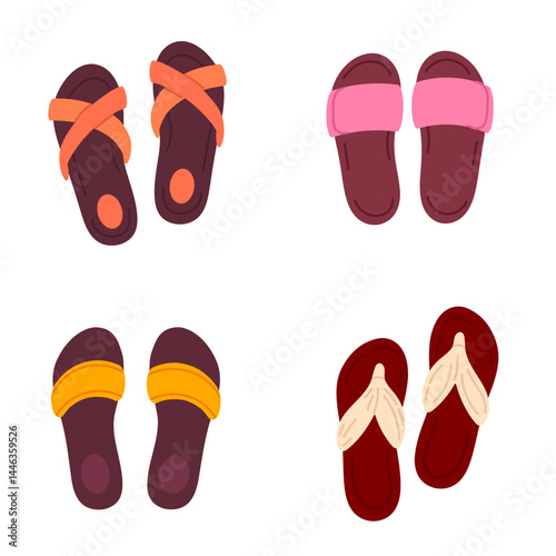 Collection of summer sandals and flip-flops in various colors on white background