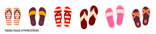 Large set of summer slippers and sandals in various colors and styles on white background