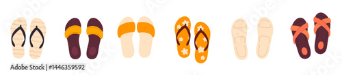 Large set of summer slippers and sandals in various colors and styles on white background