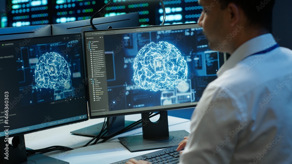 Computer scientist using AI tech on PC to do checkup in server room. IT staff member in data center using artificial intelligence technology to process datasets for training, camera A