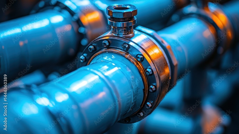 Fototapeta premium Metal pipes connecting. Blue, orange. Close up detail