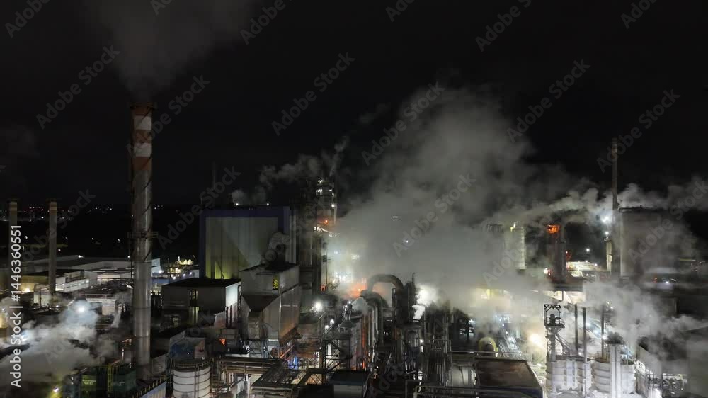 Visão aérea de uma planta industrial de uma fábrica de papel e celulose a noite em Suzano, SP, Brasil