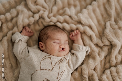 Fotografía A sleeping newborn baby with congenital defect of cleft lip and palate wrapped in a cozy blanket, resting peacefully in a crib