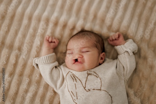Sleeping Baby with Cleft Lip on Textured Blanket