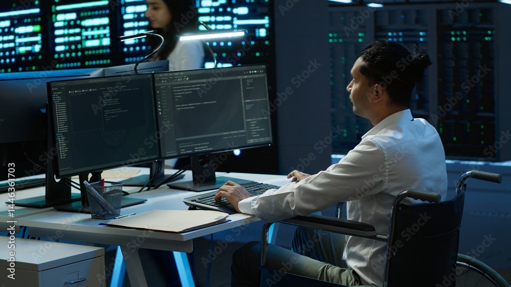 Person with disability in inclusive high tech server room facility ensuring data remains shielded from threats. Wheelchair user protecting data center hardware equipment, camera A Person with disability in inclusive high tech server room facility ensuring data remains shielded from threats. Wheelchair user protecting data center hardware equipment, camera A