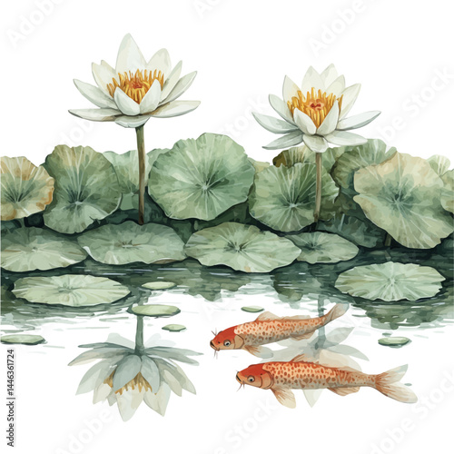 Water Lily With Koi Fish Beneath, vector watercolor illustration, isolated on a white background.