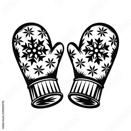 Isolated Mittens with Snowflake Patterns, Black & White Winter Clothing Accessory Art