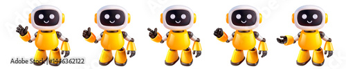 A vibrant set of yellow and white robots displayed in various dynamic poses against a clean white background, showcasing their playful designs