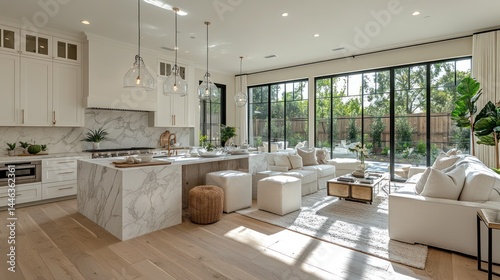 Modern open-concept kitchen and living area with natural light