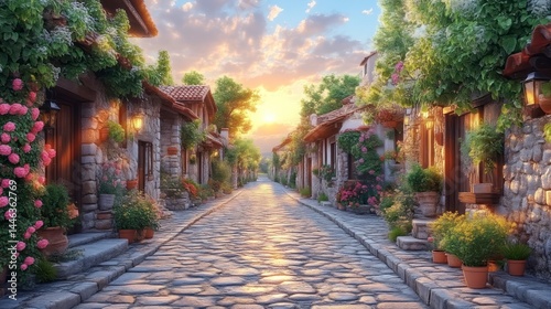 Charming Cobblestone Street at Sunset with Lush Greenery and Warm Lighting
