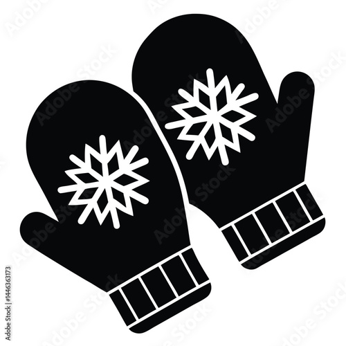 Black Gloves With Snowflakes Icon, Winter Mitten Pair Isolated, Cold Season Clothing