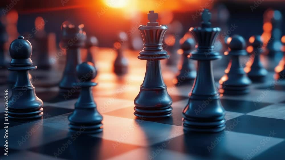 A group of chess pieces sit on a wooden chess board, ready for play