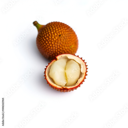 2 lychees, one is cut in half and opened