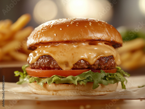 Generative AI image of yummy burger with grilled meat topped with vegetables tomatoes ketchup sliced onions cheese fresh lettuce and soft buns placed on board with fries