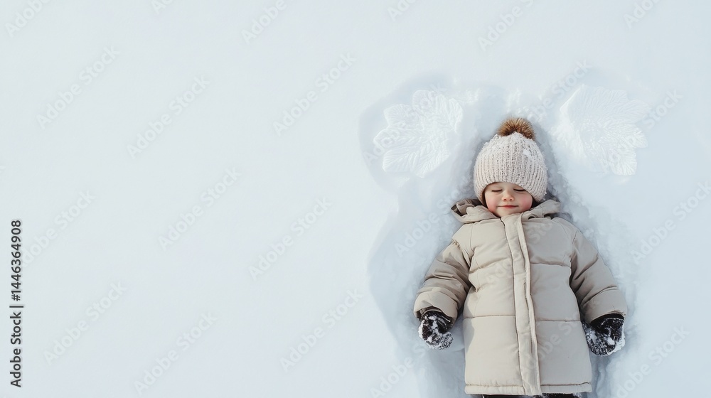 Happy Caucasian Child Lying in Snow Making Angel on Peaceful Winter Day Outdoors Happy Caucasian Child Lying in Snow Making Angel on Peaceful Winter Day Outdoors