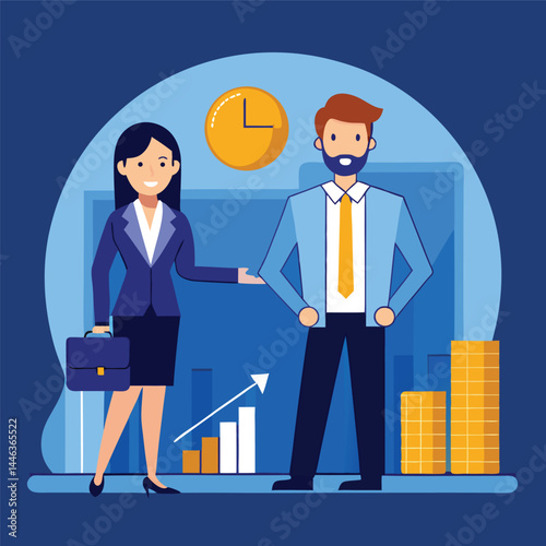 Smiling businesswoman carrying a briefcase presents a business plan to a confident bearded businessman