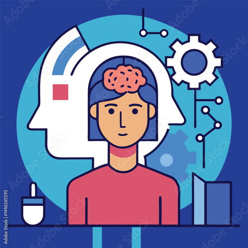 A woman stands before technology icons implying artificial intelligence, innovation, and human understanding