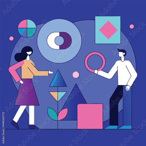 Woman and man interact with vibrant geometric forms against a dark blue backdrop