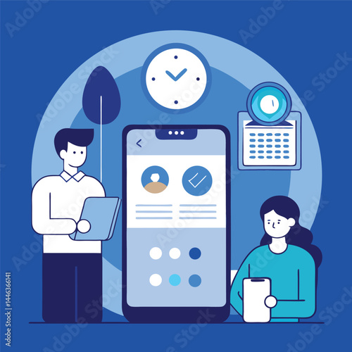 Man and woman interact with a large mobile phone while holding devices