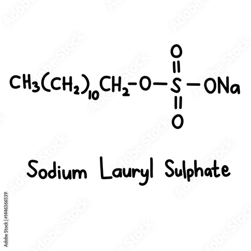 Hand drawn chemical structural formula sodium lauryl sulfate, effective surfactant of commercial cleaning product. environmental issue. 