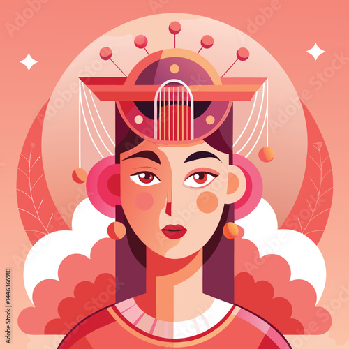 Elegant Asian woman adorned with traditional headdress showcases cultural beauty in a portrait