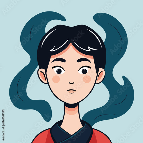 Asian young adult with black hair and traditional red clothing is posing confidently