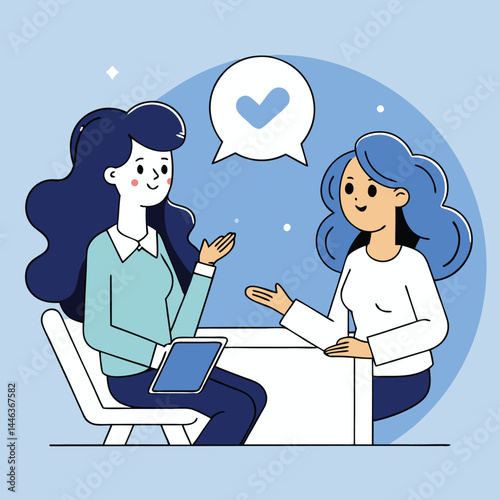 Caucasian woman with tablet speaks to Black woman sitting opposite her happily