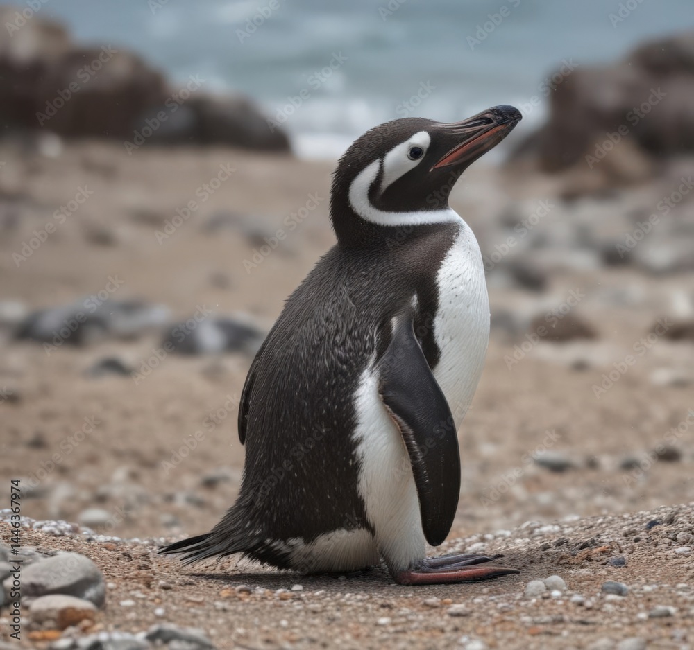 Naklejka premium Humboldt penguin preening its feathers on rocky beach , seabird, beach