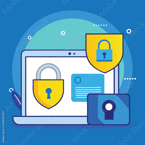 Animated laptop shows two golden locks along with blue shield on screen